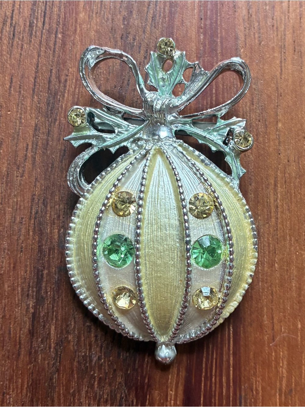 VTG Silver Tone Christmas Ornament Brooch Rhinestones Holiday Pin